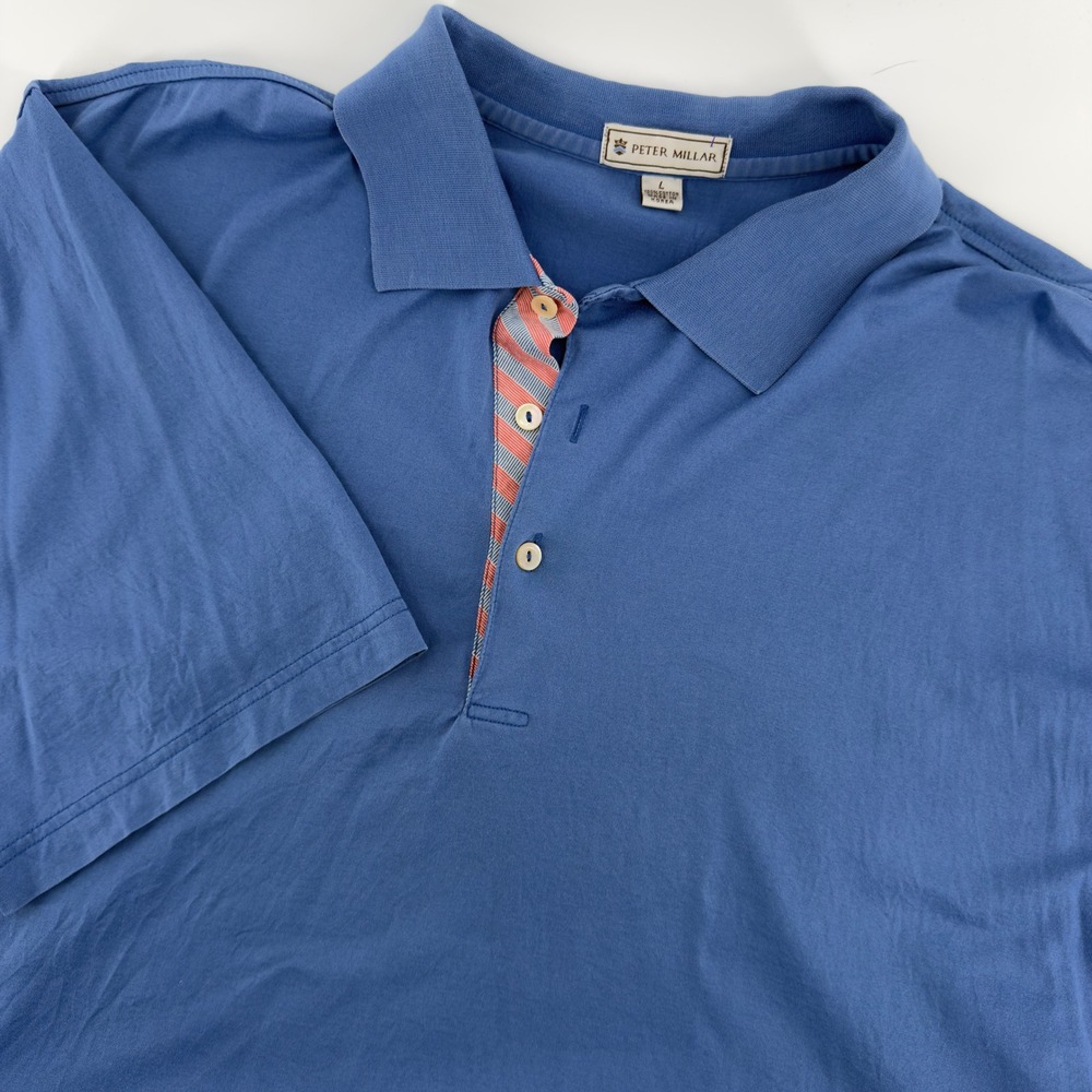 Peter Millar Mens Blue Short Sleeve Polo Shirt Size L Striped Placket